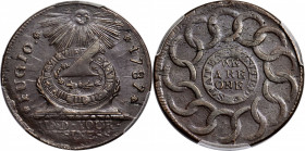 1787 Fugio Cent. Pointed Rays. Newman 13-X, W-6855. Rarity-1. STATES UNITED, 4 Cinquefoils. AU-58+ (PCGS).

151.2 grains. Exemplary Near-Mint qualit...