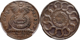 1787 Fugio Cent. Pointed Rays. Newman 15-Y, W-6915. Rarity-2. STATES UNITED, 4 Cinquefoils, 8-Pointed Stars on Label. EF-45 (PCGS).

140.0 grains. A...