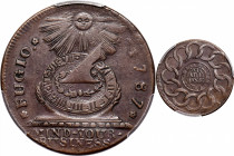 1787 Fugio Cent. Pointed Rays. Newman 19-Z, W-6975. Rarity-4. STATES UNITED, Label With Raised Rims, Large Letters in WE ARE ONE. AU-50 (PCGS).

165...