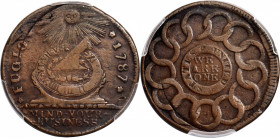 1787 Fugio Cent. Pointed Rays. Newman 20-R, W-6990. Rarity-5. STATES UNITED, 4 Cinquefoils. VF-25 (PCGS).

145.7 grains. An interesting specimen sho...