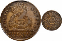 "1787" (ca. 1860) Fugio Cent. "New Haven Restrike". Newman 104-FF, W-17560. Rarity-3. Brass. EF-45+ (PCGS).

144.2 grains. A lightly circulated but ...
