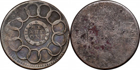 Undated Fugio Cent. "New Haven Restrike." Uniface Reverse Die Trial on a 1798 Draped Bust Cent. Newman Reverse FF. Fine, Host Coin Poor.

162.2 grai...