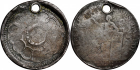 "1787" (ca. 1860) Fugio Cent. "New Haven Restrike". Reverse Die Trial on a 1792 France 2 Sols. Very Good, Holed.

258.1 grains. 32.4 mm x 32.7 mm. A...