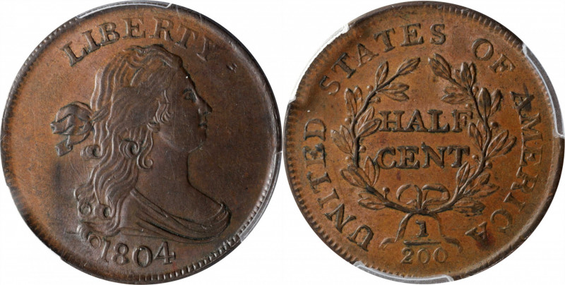 1804 Draped Bust Half Cent. C-12. Rarity-2. Crosslet 4, Stemless Wreath. MS-62 B...