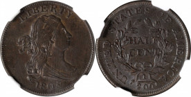 1805 Draped Bust Half Cent. C-4. Rarity-2. Large 5, Stems to Wreath. MS-62 BN (NGC).

Rare certified Mint State quality for this conditionally chall...