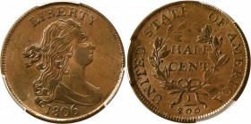 1806 Draped Bust Half Cent. C-4. Rarity-1. Large 6, Stems to Wreath. AU-58 (PCGS). CAC.

Handsome reddish-brown surfaces are richly toned with deepe...