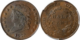 1826 Classic Head Half Cent. C-1. Rarity-1. MS-64 BN (PCGS). CAC.

A splash of iridescent steel-olive in the center of the obverse interrupts otherw...