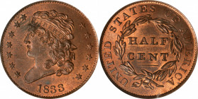 1833 Classic Head Half Cent. C-1, the only known dies. Rarity-1. MS-65 RB (PCGS). CAC. OGH.

Glorious Gem-quality surfaces exhibit fiery rose-red co...