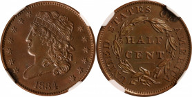 1834 Classic Head Half Cent. C-1, the only known dies. Rarity-1. MS-65+ BN (NGC). CAC.

Predominately light golden-brown, although the reverse has h...