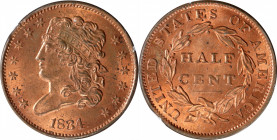 1834 Classic Head Half Cent. C-1, the only known dies. Rarity-1. MS-63 RD (PCGS). OGH--First Generation.

Fiery pinkish-rose mint color is bright an...