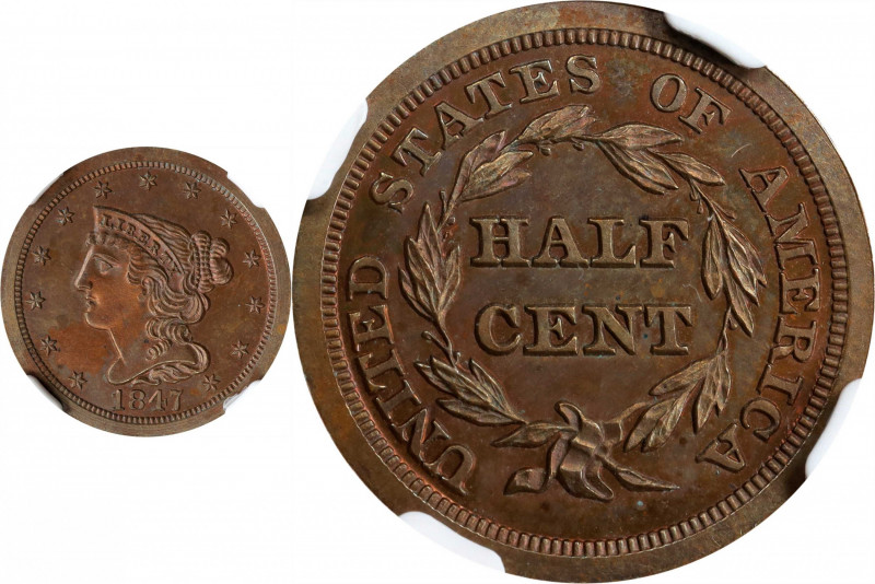 1847 Braided Hair Half Cent. Second Restrike. B-3. Rarity-5. Small Berries, Reve...