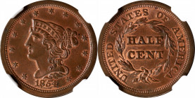 1854 Braided Hair Half Cent. C-1. Rarity-1. MS-65+ BN (NGC).

Mottled gray-brown patina leaves plenty of original mint orange color in the protected...