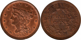 1857 Braided Hair Half Cent. C-1, the only known dies. Rarity-2. MS-63 RB (PCGS). OGH.

A pleasing half cent from the final year of issue, featuring...