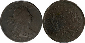 1796 Draped Bust Cent. S-108. Rarity-4. Reverse of 1794. VF Details--Environmental Damage (PCGS).

This Draped Bust scarcity displays deep tobacco-b...