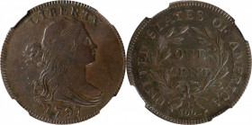 1797 Draped Bust Cent. S-120B. Rarity-2. Reverse of 1795, Gripped Edge. VF-30 BN (NGC).

An attractive mid-grade example of this enduringly popular ...