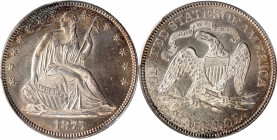 1875 Liberty Seated Half Dollar. WB-101. MS-64+ (PCGS). CAC.

A speckling of reddish-rose and cobalt blue iridescence decorates the peripheries of t...