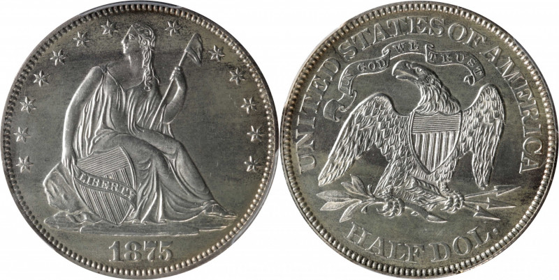 1875 Liberty Seated Half Dollar. WB-101. MS-64 (PCGS).

This beautiful near-Ge...