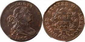 1800 Draped Bust Cent. S-197. Rarity-1. AU-58 (PCGS).

This example offers exceptional quality and eye appeal for an eagerly sought die pairing of t...