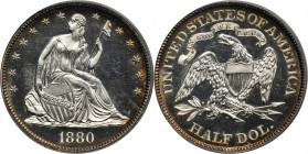 1880 Liberty Seated Half Dollar. Proof-63 Cameo (PCGS).

A lightly and attractively toned specimen with rich antique-gold color that is boldest at t...