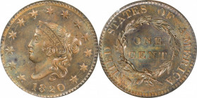1820 Matron Head Cent. N-13. Rarity-1. MS-66 BN (NGC).

Beautiful premium Gem surfaces are fully lustrous with a hard, satiny texture. Abundant oliv...