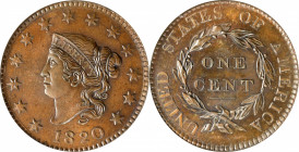 1820 Matron Head Cent. N-13. Rarity-1. Large Date. MS-64 BN (NGC). OH.

Satiny and tight surfaces are beautifully toned in original antique copper-b...