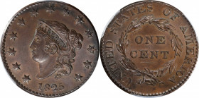 1825 Matron Head Cent. N-3. Rarity-3. MS-62 BN (PCGS).

Lustrous surfaces with smooth, mahogany-brown color over both sides. Good central detail tho...