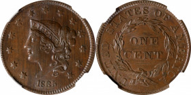 1835 Modified Matron Head Cent. N-16. Rarity-2. Head of 1836. MS-62+ BN (NGC).

Satiny copper-brown surfaces with streaks of steely-olive vertically...