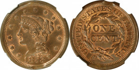 1853 Braided Hair Cent. N-10. Rarity-1--Curved Clip @ 6 O'Clock--MS-66 RB (NGC).

A particularly desirable Braided Hair cent, this piece has much to...