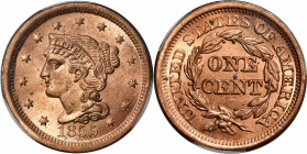 1855 Braided Hair Cent. N-4. Rarity-1. Upright 5s. MS-64 RD (PCGS).

This boldly lustrous large cent is fully brilliant and deep mint orange in tone...