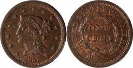 1857 Braided Hair Cent. N-2. Rarity-1. Small Date. MS-65 BN (PCGS).

Rich chocolate surfaces combine with attractive outlines of faded red around th...