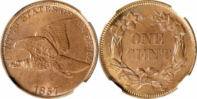 1857 Flying Eagle Cent. Type of 1857. MS-65 (NGC).

Blended light rose and golden-tan colors provide strong eye appeal for this desirable Gem. Sharp...