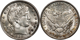 1914-S Barber Half Dollar. MS-65 (PCGS).

Lively cartwheels of radiant luster on mostly brilliant silver surfaces. Slight gold and charcoal toning t...
