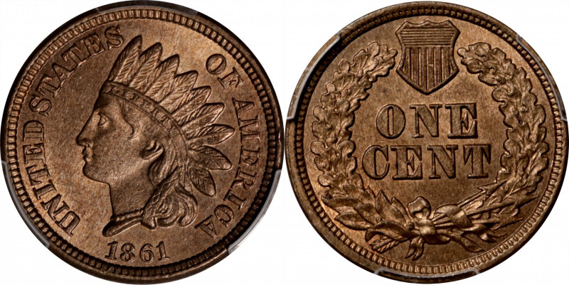 1861 Indian Cent. MS-65 (PCGS).

Splendid honey-tan surfaces also reveal subtl...