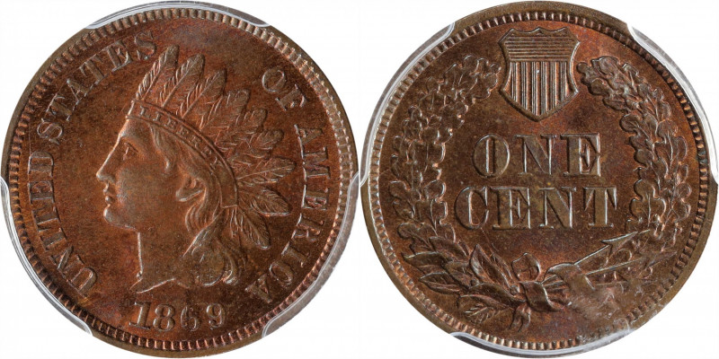 1869 Indian Cent. MS-64 RB (PCGS). CAC.

This lovely example exhibits iridesce...