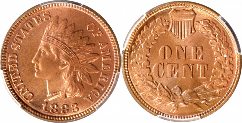 1883 Indian Cent. MS-66 RD (PCGS).

Vivid pinkish-rose surfaces with a blush o...