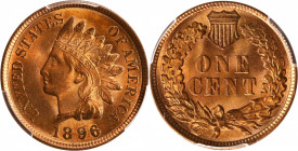 1896 Indian Cent. MS-65 RD (PCGS). CAC.

Glowing sunset-red surfaces with a hint of gold here and there. The strike is good, save for the Indian's f...