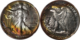1942 Walking Liberty Half Dollar. Proof-68 * (NGC).

Sweeping crescents of intensely vivid reddish-orange and steely-rose iridescence adorn both sid...