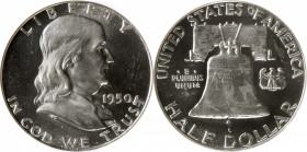 1950 Franklin Half Dollar. R-4. Benjamin Franklin / U.S. Constitution Label. Proof-65 Cameo (NGC).

Here is an uncommonly well produced and preserve...