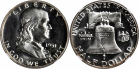 1951 Franklin Half Dollar. Proof-66 Cameo (NGC). CAC.

Heavily frosted with razor sharp striking detail, the devices contrast profoundly with deep m...