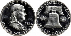 1952 Franklin Half Dollar. Proof-67 Cameo (NGC). CAC.

This beautiful piece may be conservatively graded as a Cameo, since the reflectivity in the "...