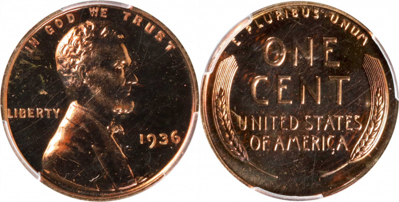 1936 Lincoln Cent. Brilliant Proof-65 RD (PCGS).

Universally mirrored, vivid ...