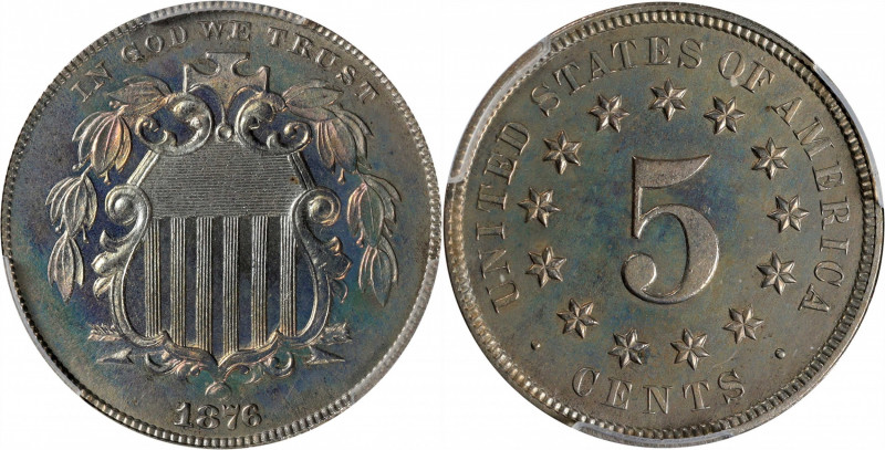 1876 Shield Nickel. Proof-67 (PCGS).

Soft, multicolored iridescent toning ado...