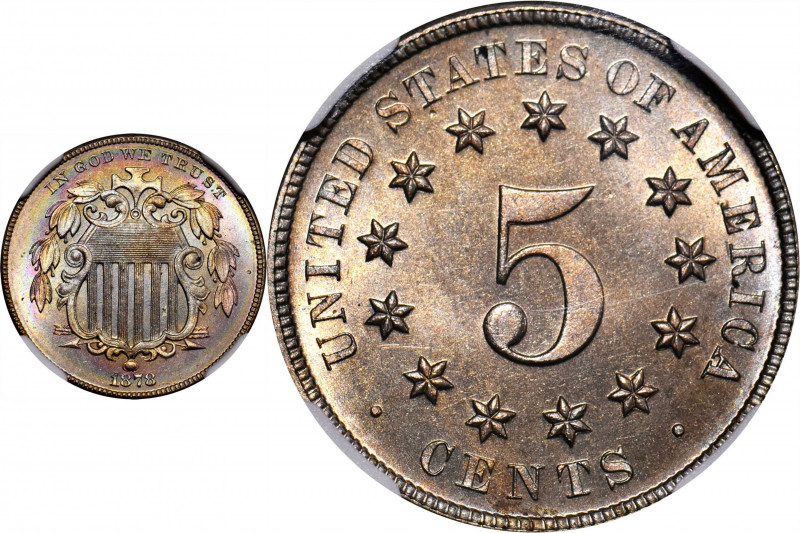 1878 Shield Nickel. Proof-66+ (NGC).

A satiny Gem example of this popular Pro...