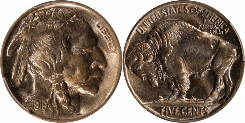 1919 Buffalo Nickel. MS-66 (PCGS). CAC.

More direct angles reveal warm aprico...