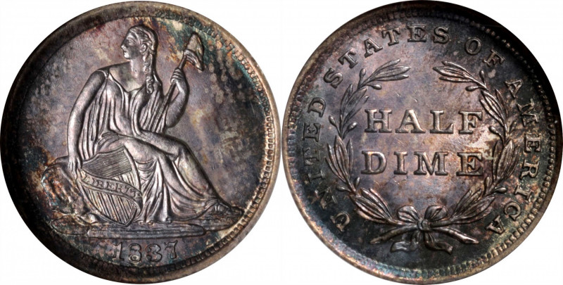 1837 Liberty Seated Half Dime. No Stars. Large Date. Repunched Date. MS-64. CAC....