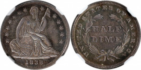 1838 Liberty Seated Half Dime. No Drapery. Large Stars. MS-65 (NGC).

A Gem Uncirculated example of this popular type issue from the second year of ...