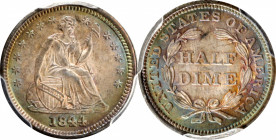 1844 Liberty Seated Half Dime. MS-66+ (PCGS).

This wonderfully original example exhibits vivid cobalt blue peripheral toning that yields to warmer ...