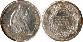 1863-S Liberty Seated Half Dime. V-1, the only known dies. MS-63 (NGC).

Satin to modestly semi-reflective surfaces are lightly toned around the per...