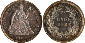 1867 Liberty Seated Half Dime. Proof-65 (PCGS). CAC. OGH--First Generation.

Lovely deep blue-gray iridescence amply covers the surfaces on each sid...