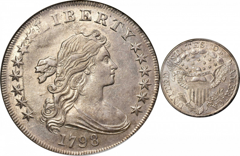 1798 Draped Bust Silver Dollar. Heraldic Eagle. BB-122, B-14. Rarity-3. Pointed ...